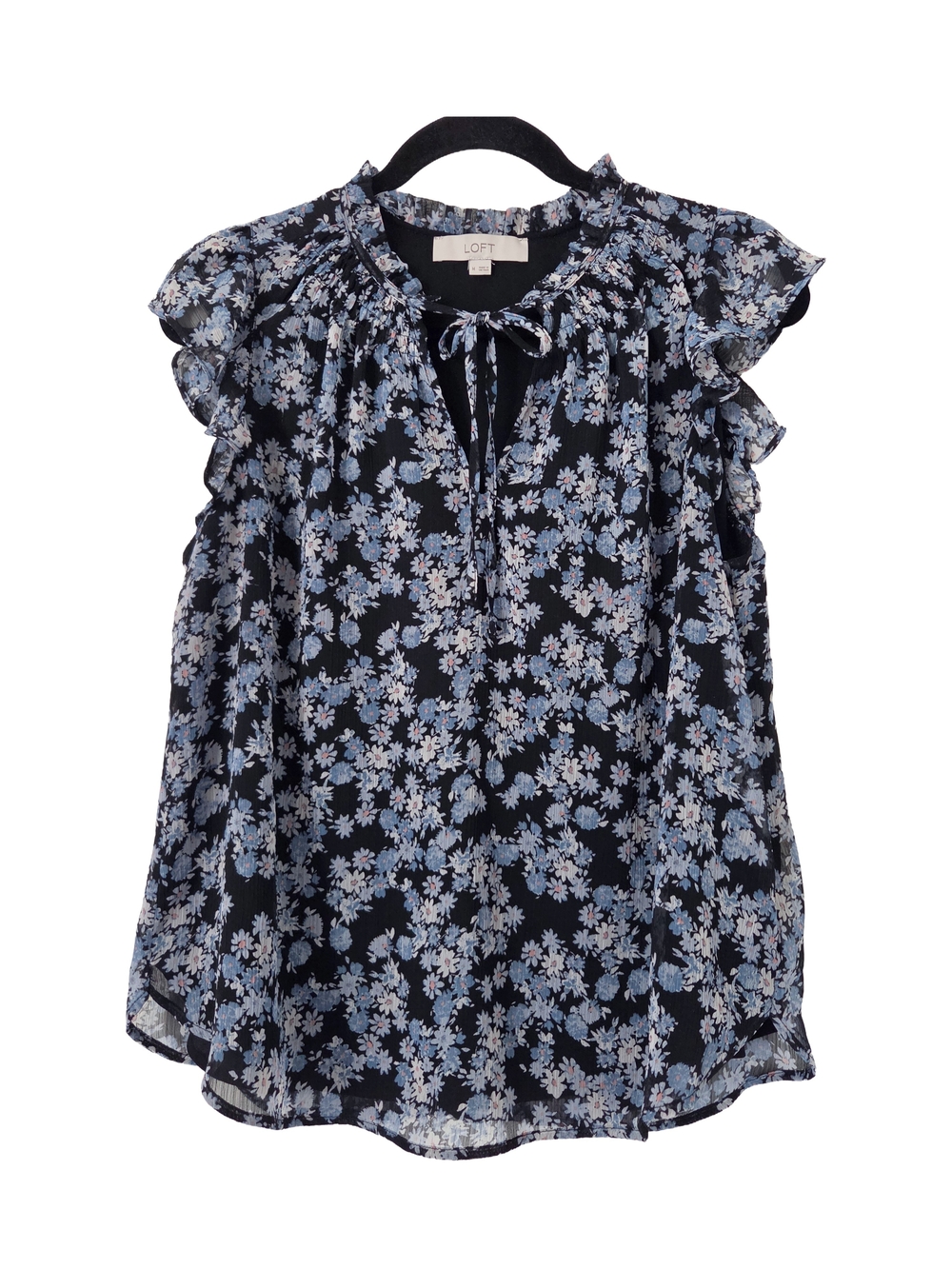 LOFT Navy Blue Floral Ruffle Sleeve Tie-Neck Blouse (M)